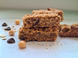 chickpea blondies stacked on a table