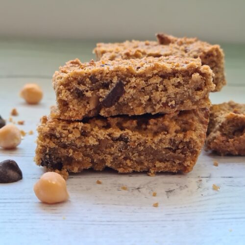 chickpea blondies stacked on a table